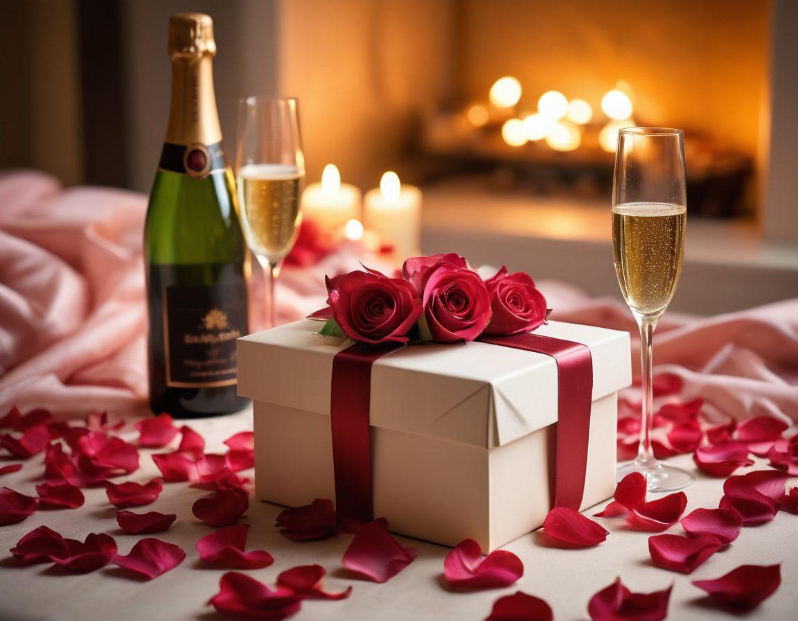 A romantic setting featuring a beautifully wrapped gift box adorned with elegant ribbons and a sensual ambiance, surrounded by soft candlelight and rose petals. In the background, a cozy couple sharing an intimate moment, symbolizing connection and affection, with subtle hints of playful elements like a game or a bottle of champagne. The overall mood should evoke warmth, intimacy, and excitement. vibrant colors. soft lighting. romantic atmosphere.