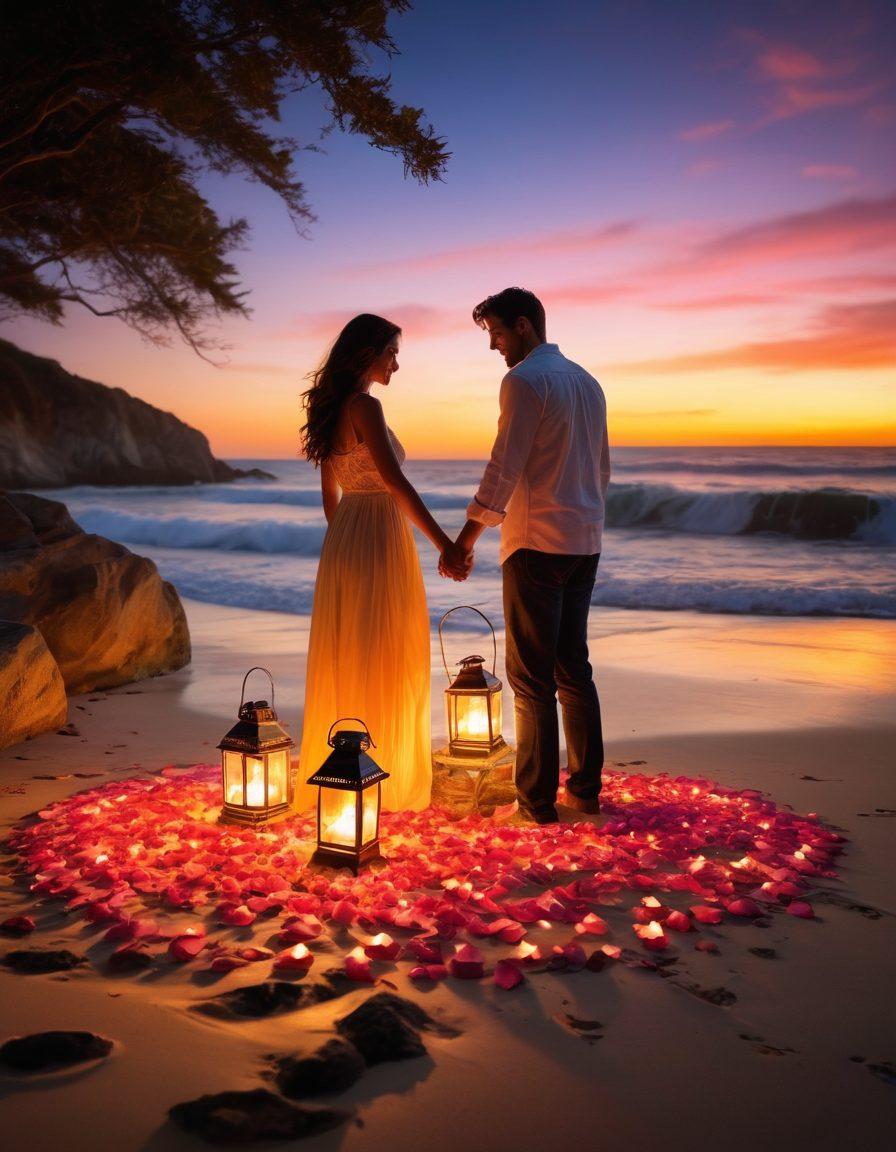 A dreamy sunset on a secluded beach, with a couple embracing while the waves softly crash around them. Surrounding them are whimsical glowing lanterns and scattered rose petals, creating an enchanting atmosphere. In the background, a cozy bonfire blazes gently, casting warm light over their joyful smiles. The scene conveys romance, adventure, and connection. super-realistic. vibrant colors. soft focus.