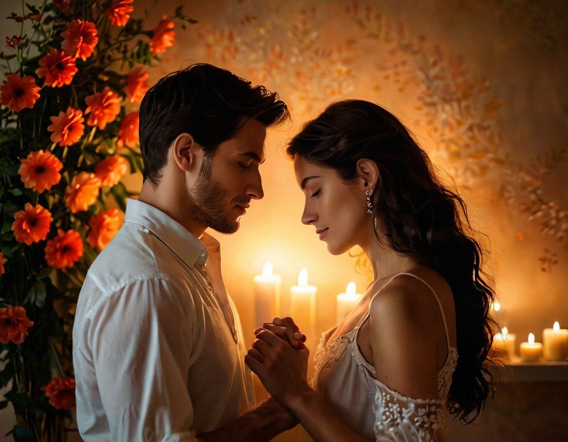 A romantic scene featuring a couple sharing an intimate moment, surrounded by warm candlelight, with soft shadows dancing on the walls. The couple is gazing into each other's eyes, conveying a sense of passion and connection, with delicate flowers scattered around. The ambiance exudes warmth and intimacy, inviting couples to explore their own passionate encounters. soft-focus. warm colors. painting.